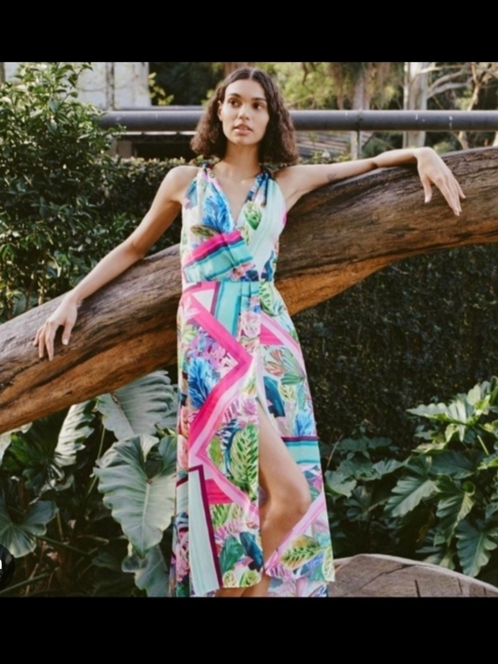 ZARA Satin Dress Women’s Multicolored Tropical Hawaiian Midi Vneck Strappy S